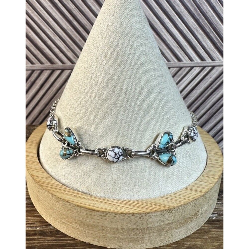 Southwest Sterling Silver Wild Horse/Mint Dahlia Multi Stone Chain Bracelet 6-8”